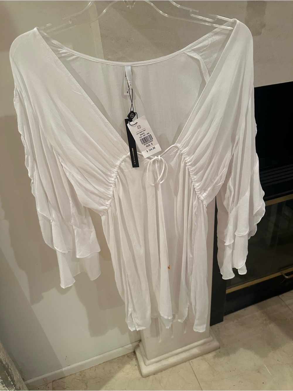 Vix White V-Neck Tie-Front Tunic with Ruffled Sleeves